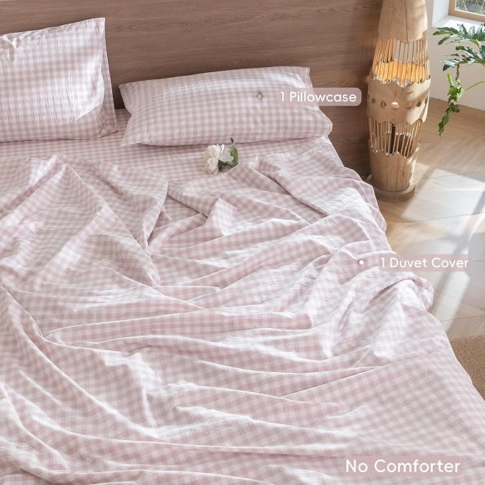 MooMee Gingham Duvet Cover Set 100% Washed Cotton Linen Like Textured - Image 2