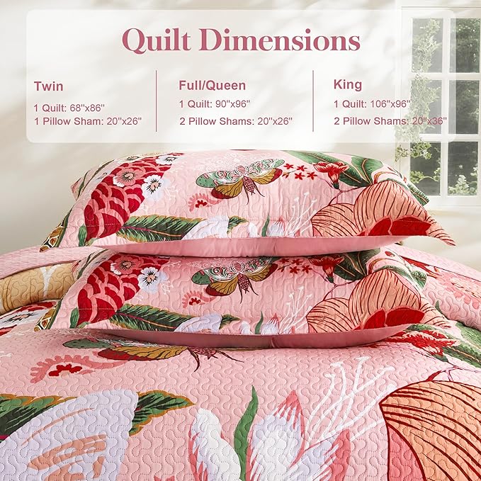 Tyrot 3 Piece Pink Boho Floral King Size Quilt Sets Farmhouse Botanical - Image 6