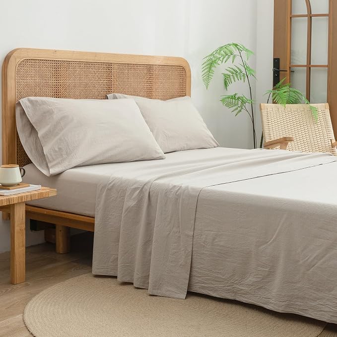 BESTOUCH Flat Sheet Only 100% Washed Cotton Linen Feel Wrinkle-Free, - Image 4