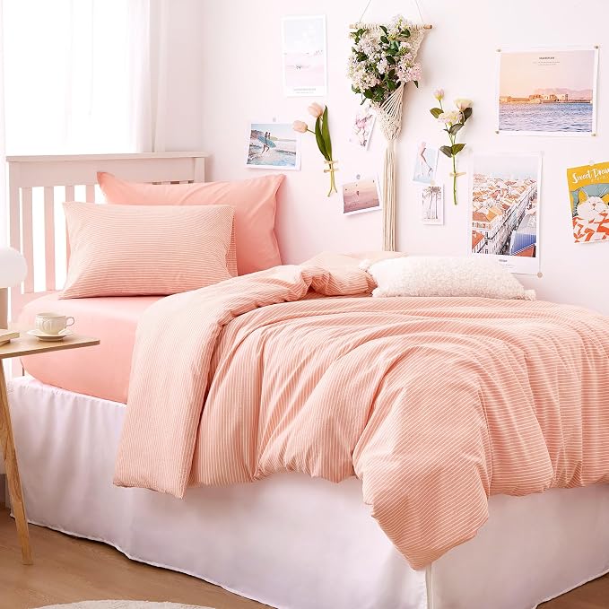 Wake In Cloud - Striped Cotton Duvet Cover Set, 100% Washed Cotton Textured - Image 9