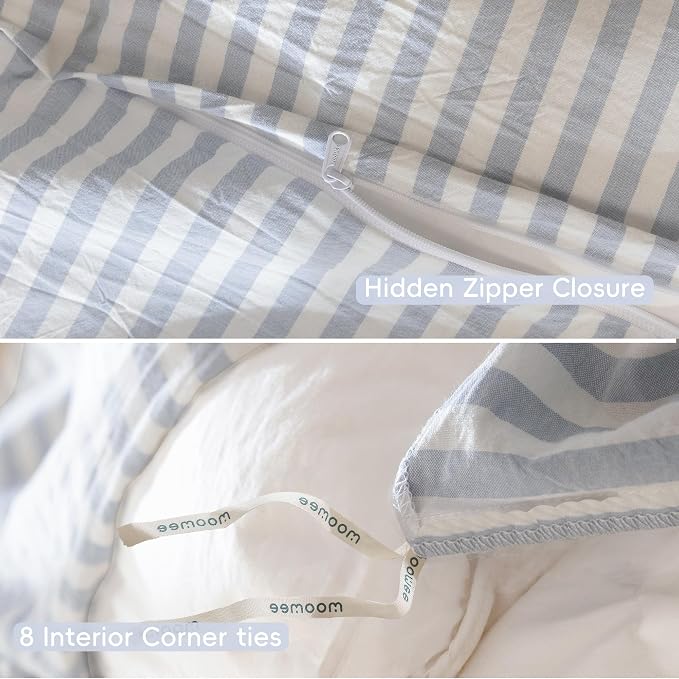 MooMee Striped Duvet Cover Set 100% Washed Cotton Linen Like Textured - Image 7