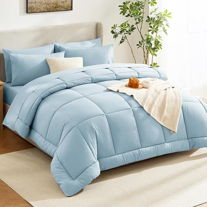 CozyLux Queen Comforter Set Light Blue, 7 Pieces Bed in a Bag, All Season - Image 8