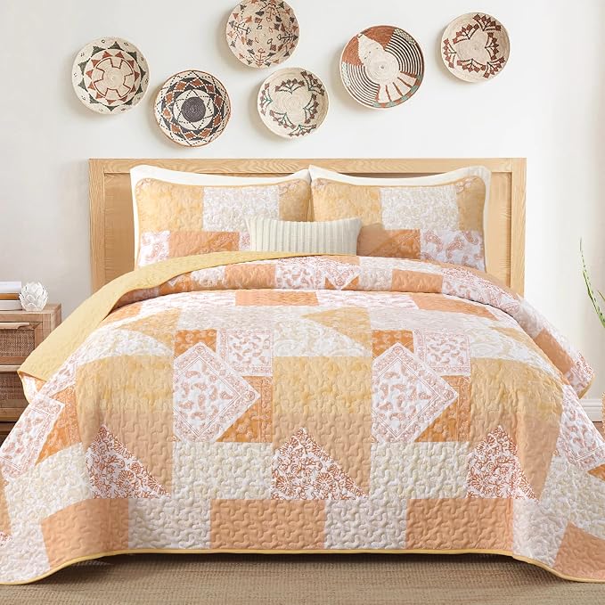 Mybedsoul Yellow Patchwork Quilt King Size, Soft Paisley Floral King Bedspreads - Image 2