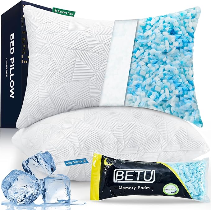 BETU Cooling King Size Pillows Set of 2, Shredded Memory Foam Cool Pillows by BETU