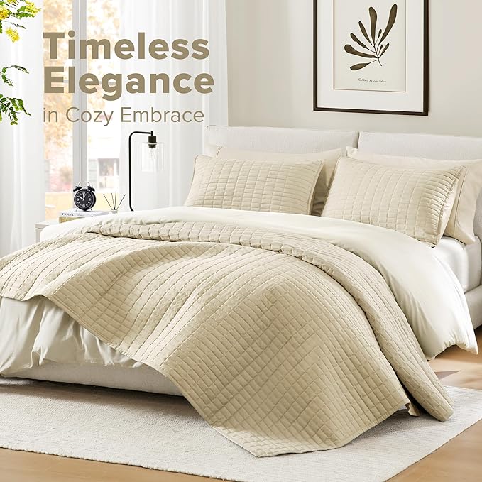 Comfort Spaces Ivory Oversized Queen Quilt Set 102"x118" Bedspread Quilted - Image 2