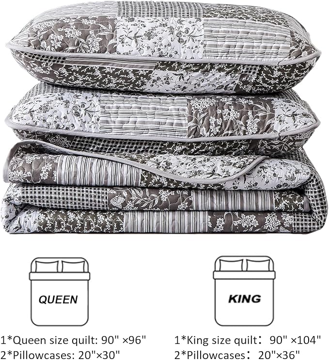 Mybedsoul Grey Boho Quilt Set King Size, 3 Pieces Plaid Floral Bedspread - Image 7