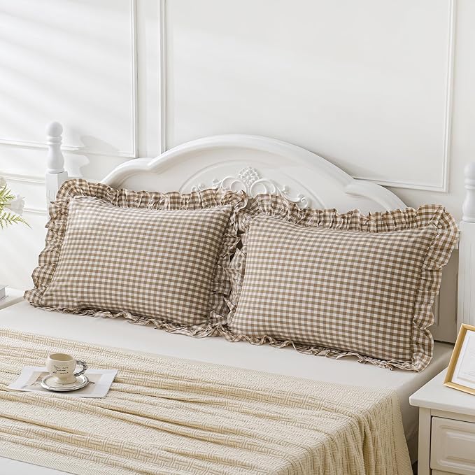 2 Pack Taupe White Plaid Gingham Ruffle Pillow Shams Standard Size 20x26 inches - Image 2