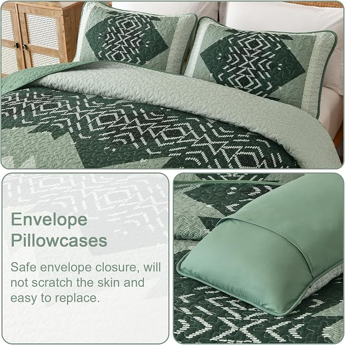 Dintszyayue Green Boho Quilt Set King Size, 3 Piece Aztec Texture Bedspread - Image 6