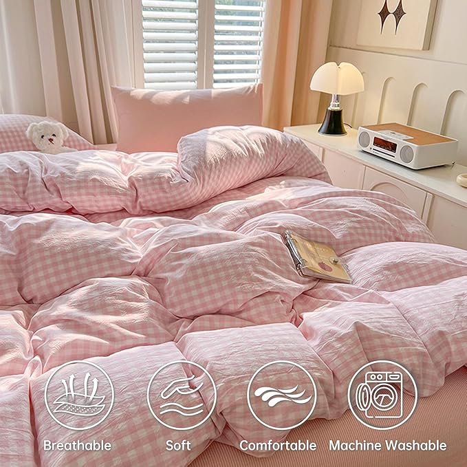 BOLINLIVING Gingham Duvet Cover King Size, Microfiber Bedding Set - Image 3