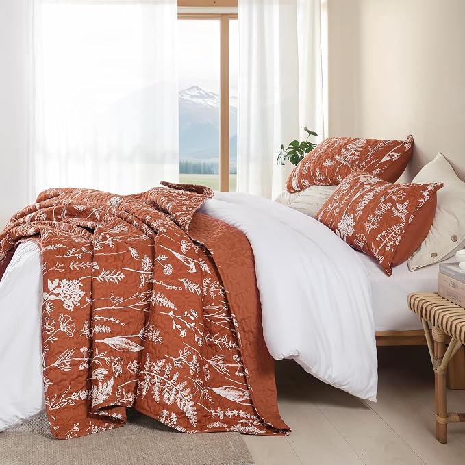 JANZAA Quilts Queen Size Floral Bed Spread Terracotta Quilts Queen Size - Image 6