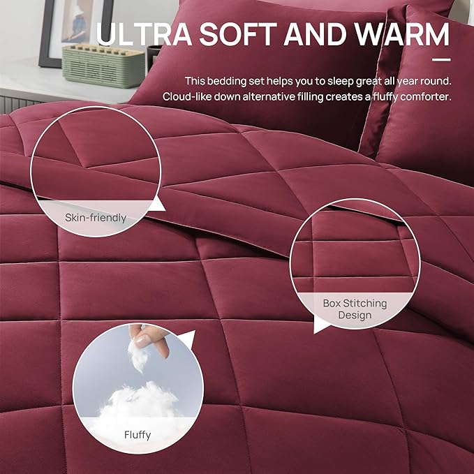 Love's cabin Queen Comforter Set Burgundy, 7 Pieces Queen Bed in a Bag - Image 4