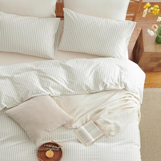 Nayoroom Striped Duvet Cover Queen Size 100% Washed Cotton White Brown Stripe - Image 4