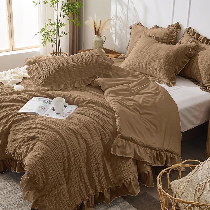 JOLLYVOGUE Queen Comforter Set, 3 Pieces Oak Brown Seersucker Comforters Queen - Image 7