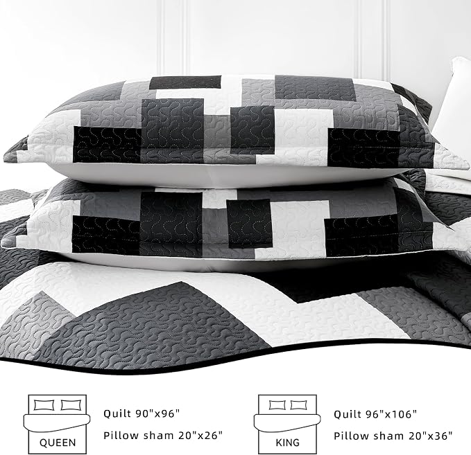 Tyrot 3 Piece Black Grey Quilt Set King Size Black White Gray Geometric - Image 7