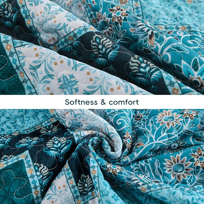 Xruibed Teal Quilt Set Queen Size 3 Pieces Plaid Floral Boho Bedspread Coverlet - Image 8