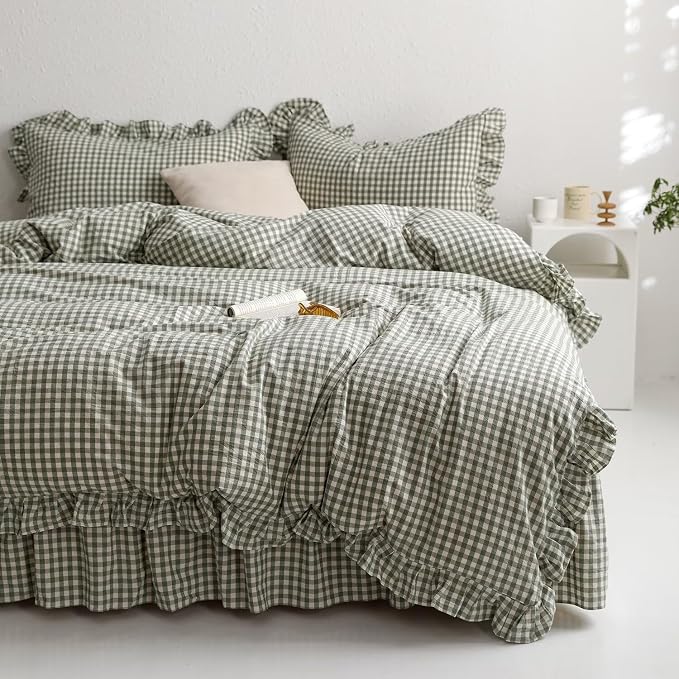MKXI Sage Green Gingham Duvet Cover Queen, 3-Piece Ruffled Bedding Set - Image 2