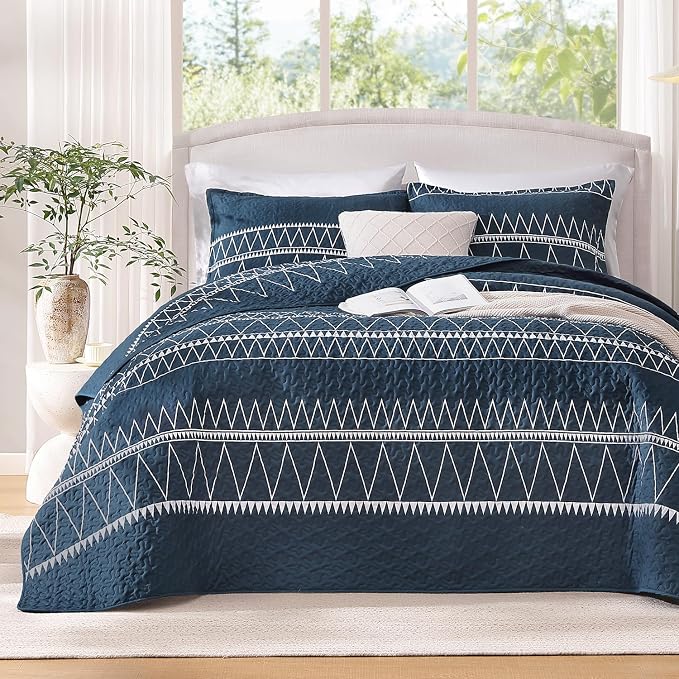 Andency Navy King Size Quilt Set, 3 Pieces Boho Lightweight Soft Striped by Andency