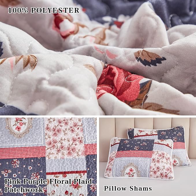 Patchwork Quilt Set Full/Queen Size, 3 Pieces Pink Purple Floral Plaid Summer - Image 6