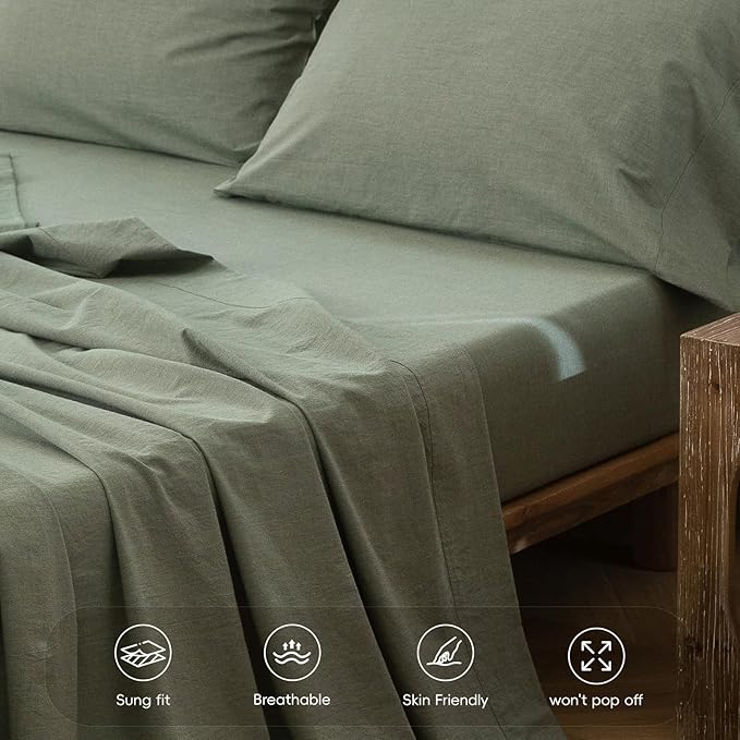MooMee Fitted Bottom Sheet Only 100% Washed Cotton Linen Like Textured - Image 5