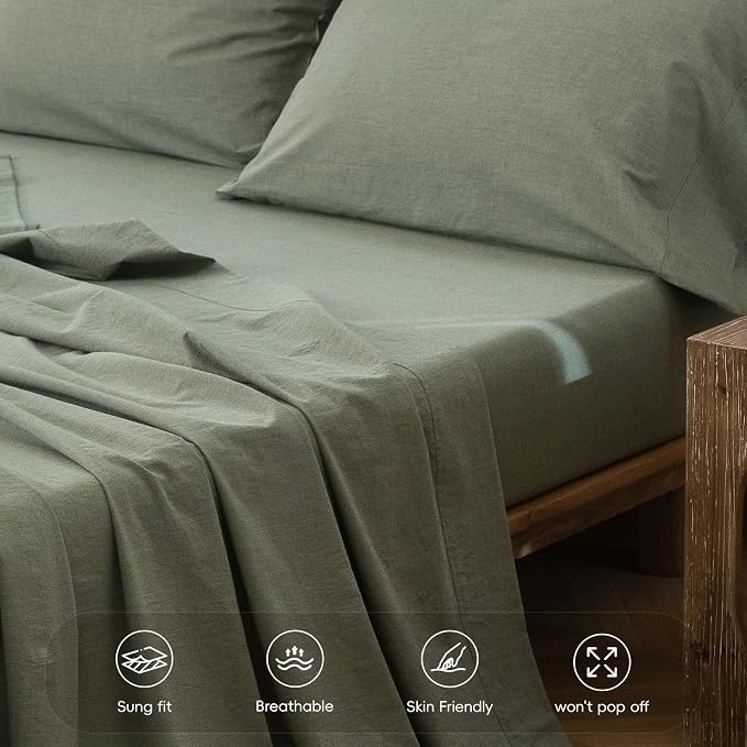 MooMee Fitted Bottom Sheet Only 100% Washed Cotton Linen Like Textured - Image 5