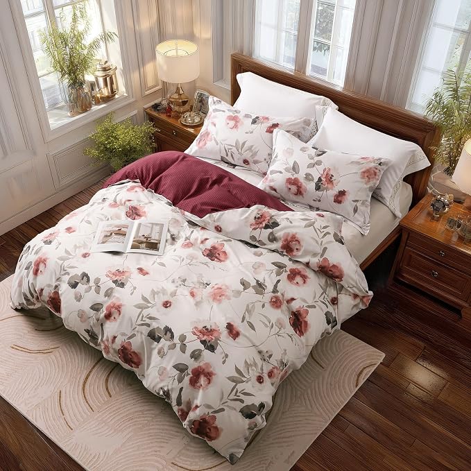 OAITE Duvet Cover Queen Size, Reversible Blooming Flowers White Duvet Cover Set - Image 3