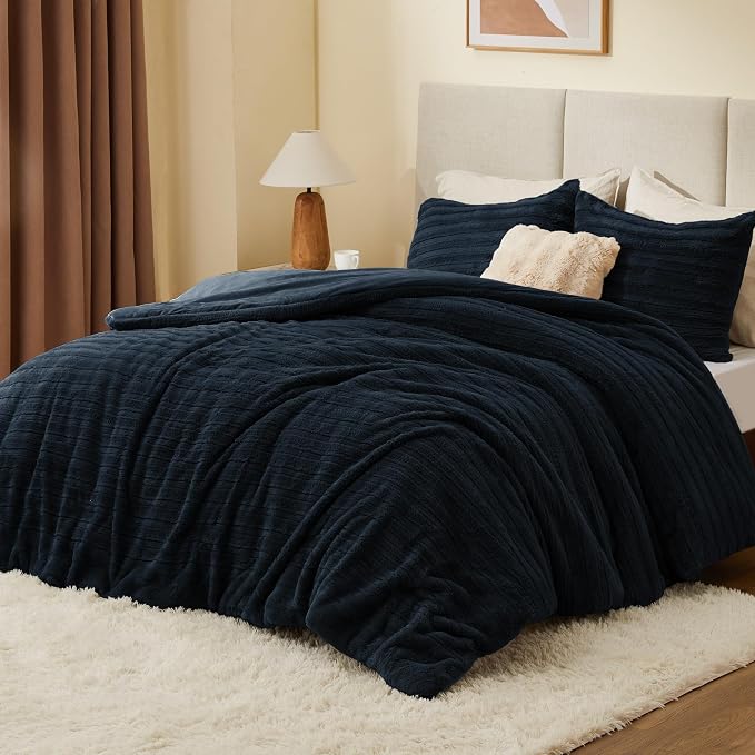 BEDELITE Fleece Queen Comforter Set -Super Soft & Warm Fluffy Navy Faux Fur - Image 2