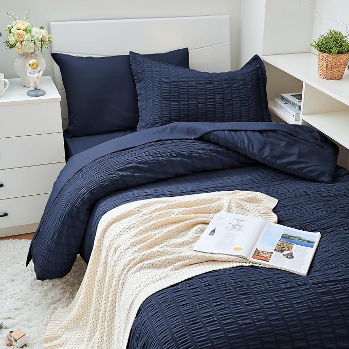 HYMOKEGE Navy Blue Twin XL Comforter Set Seersucker 5 Pieces, All Season Luxury - Image 2