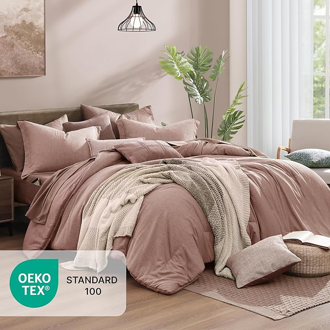 Monbix King Size Comforter Set, 7 Pieces Dusty Pink Cationic Dyeing Bed in a - Image 2