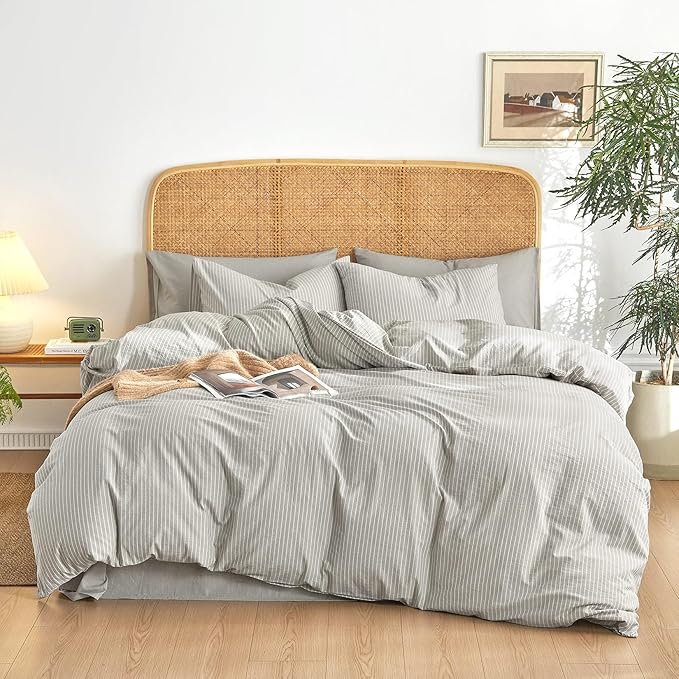 Wake In Cloud - Striped Cotton Duvet Cover Set, 100% Washed Cotton Textured by WakeInCloud