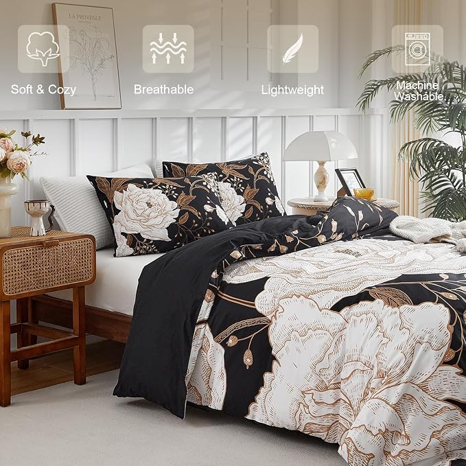 mixinni Floral Duvet Cover Queen Size, 3 Pieces White Flowers and Gold Leaves - Image 2