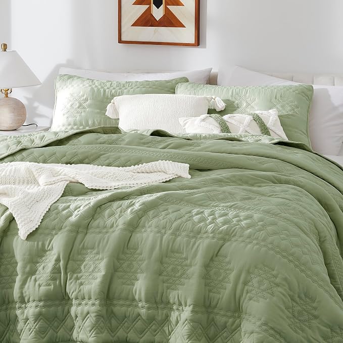 WDCOZY Boho Sage Green Oversized California Cal King Size Quilt Bedding Sets - Image 3