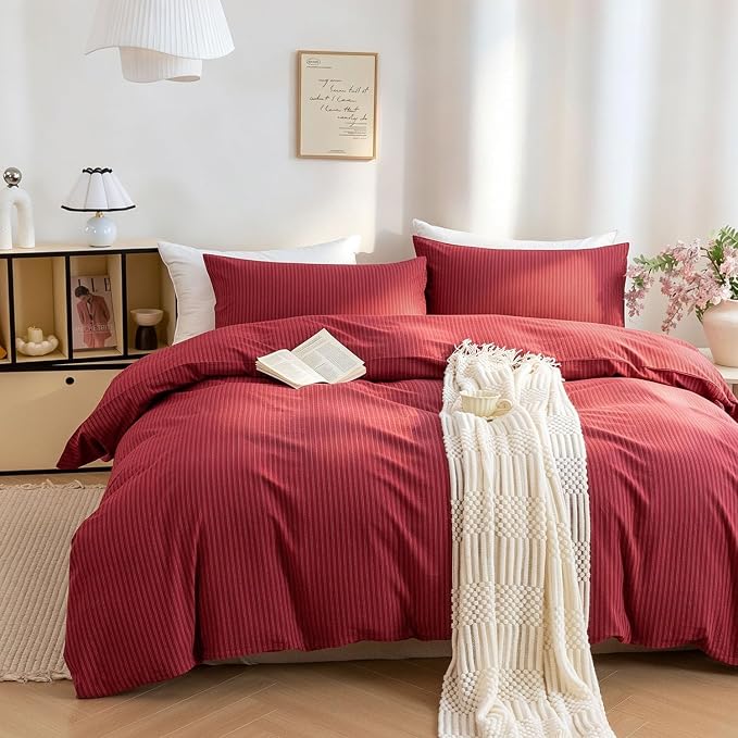 PinkMemory Red Striped Duvet Cover Queen 100% Washed Cotton Vintage Stripes - Image 2