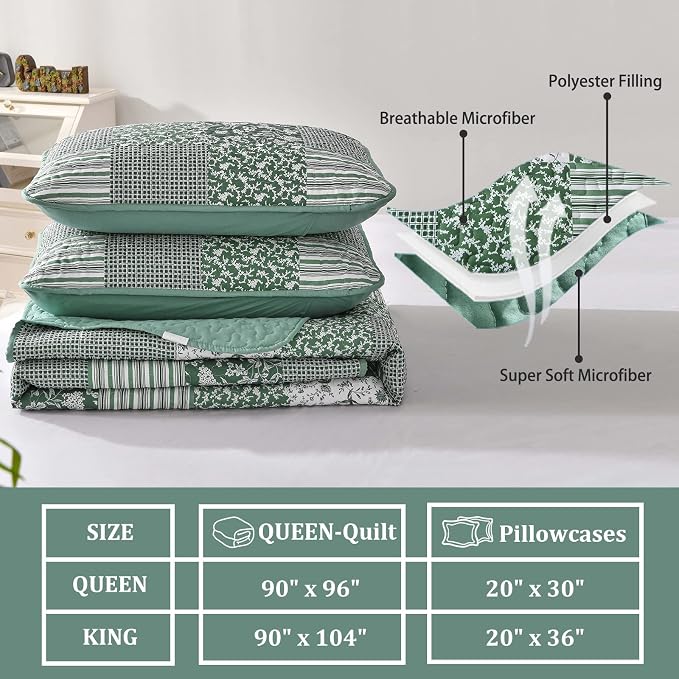 Mybedsoul Green Boho Queen Quilt Set, 3-Piece Reversible Soft Plaid Floral - Image 6
