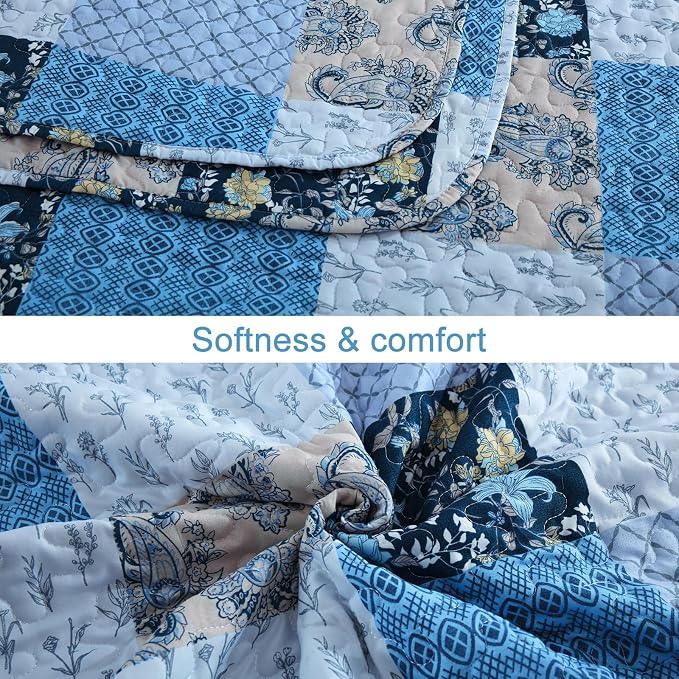 Xruibed Blue Quilt Set Queen Size 3 Pieces Plaid Floral Boho Bedspread Coverlet - Image 7