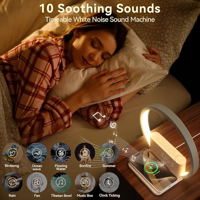 Vivilumens Sunrise Alarm Clock Wireless Charger, 10 White Noise Sound Machine - Image 5