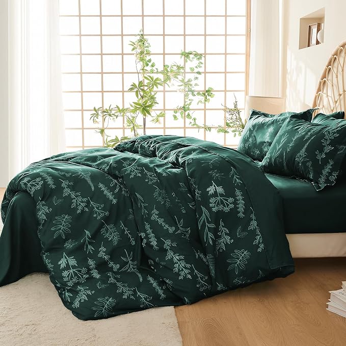 MUXHOMO Duvet Cover Queen Size, Reversible Floral Forest Green Duvet Cover Set - Image 2