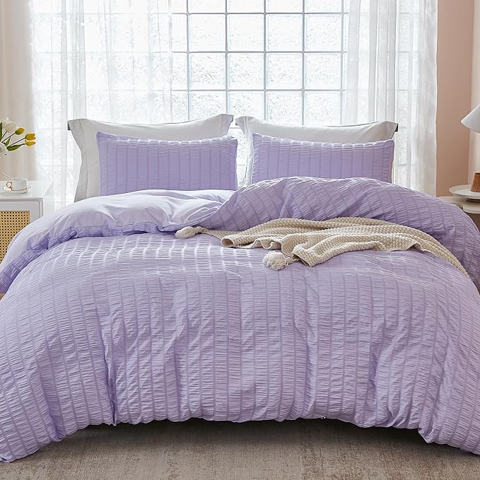 AveLom Lavender Purple Seersucker Duvet Cover Set King, 3 Pieces, Ultra Soft by AveLom