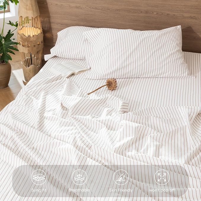 MooMee Stripes Fitted Bottom Sheet Only 100% Washed Cotton Linen Like Textured - Image 5
