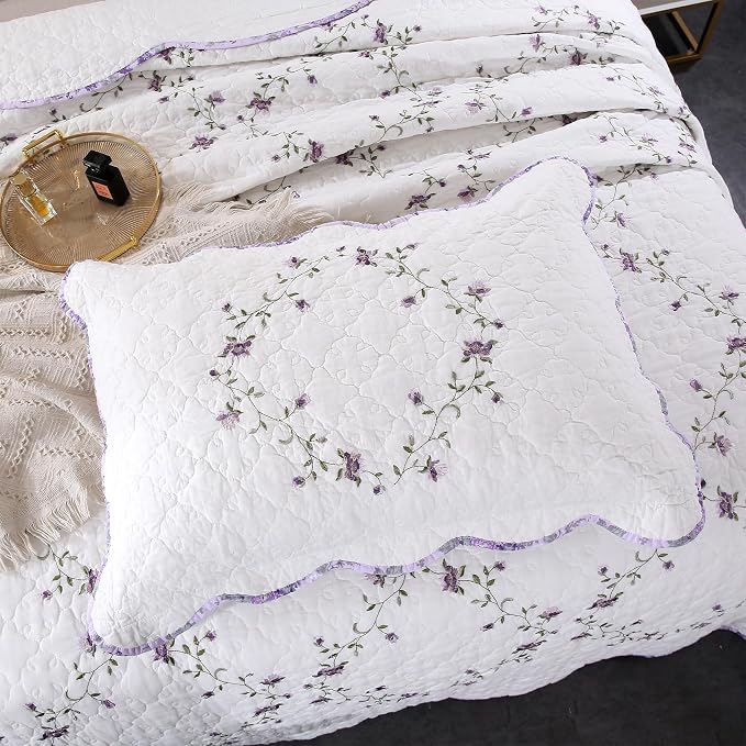 Quilt Set Purple Floral 3D Embroidery Pattern 2 PCS 100% Cotton Reversible - Image 4
