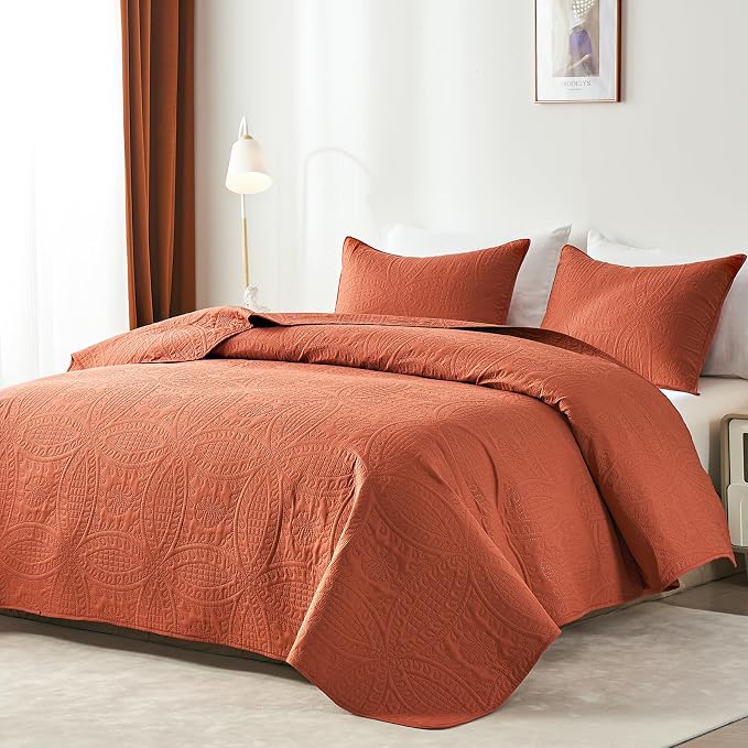akkialla Queen Quilt Bedding Set, Burnt Orange Ultrasonic Full/Queen Quilt Set - Image 2