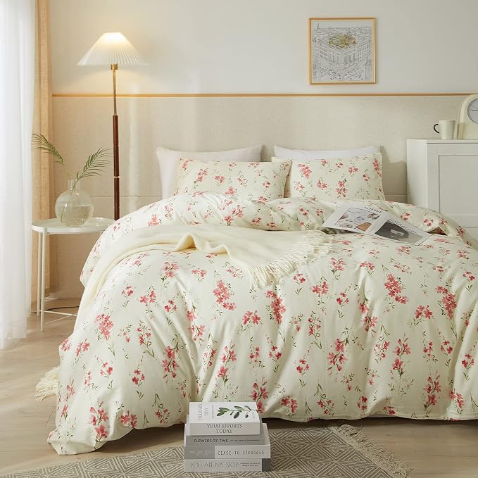 mixinni Boho Red Floral Girl Duvet Cover Set, Soft Cotton Twin Size 3-Piece - Image 3