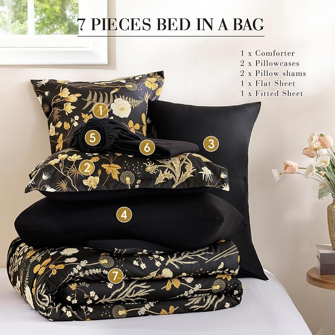 Yiran King Size Comforter Set, 7 Pieces Black Floral Soft Bedding Sets - Image 8