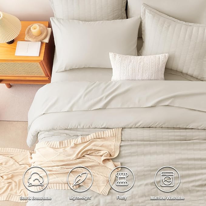 CozyLux Queen Comforter Set Oatmeal Seersucker 7 Pieces Bed in a Bag Queen - Image 2