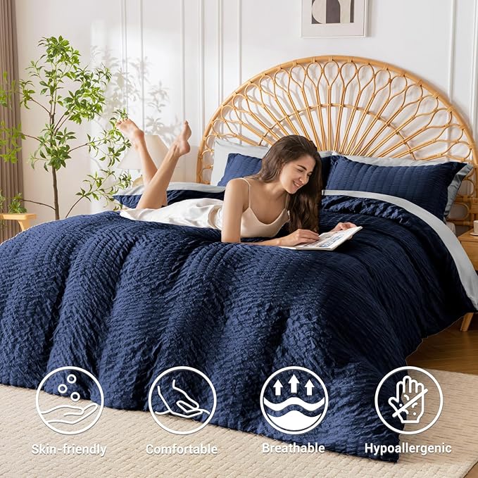 HYMOKEGE Navy Blue/Light Grey Duvet Cover Full Size, Ultra Soft 3-Piece - Image 2