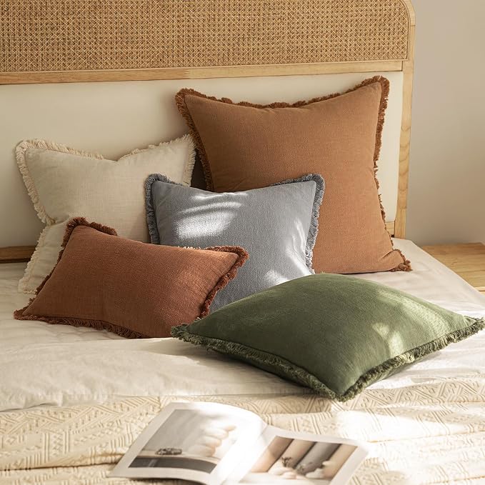 MIULEE Decorative Throw Pillow Covers Neutral Linen Fringe Throw Pillows Set of - Image 5