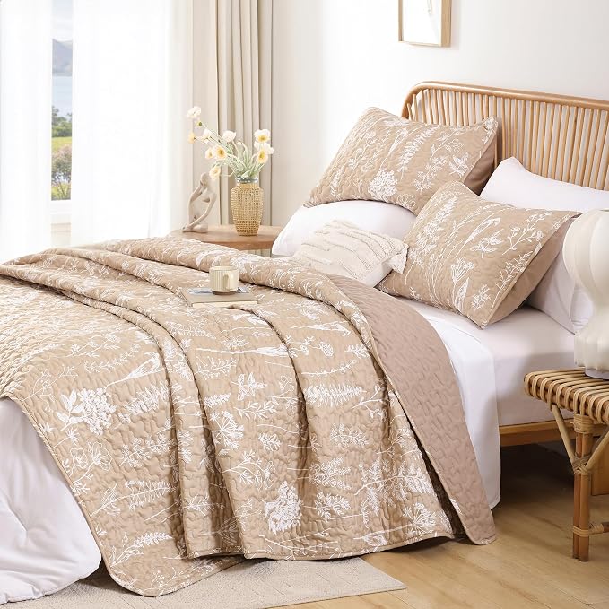 JANZAA Quilts Queen Size Taupe Quilt Botanical - Image 6