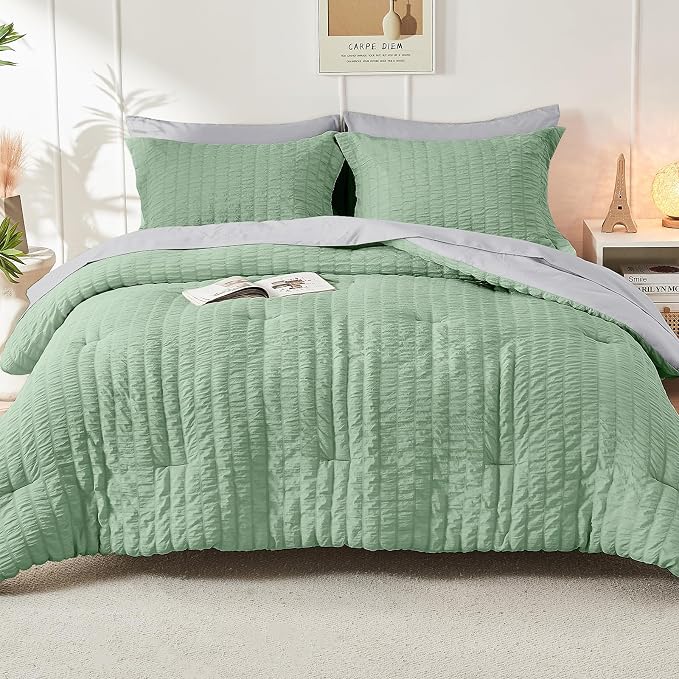 HYMOKEGE Sage Green/Light Grey Twin XL Comforter Set Seersucker 5 Pieces - Image 9
