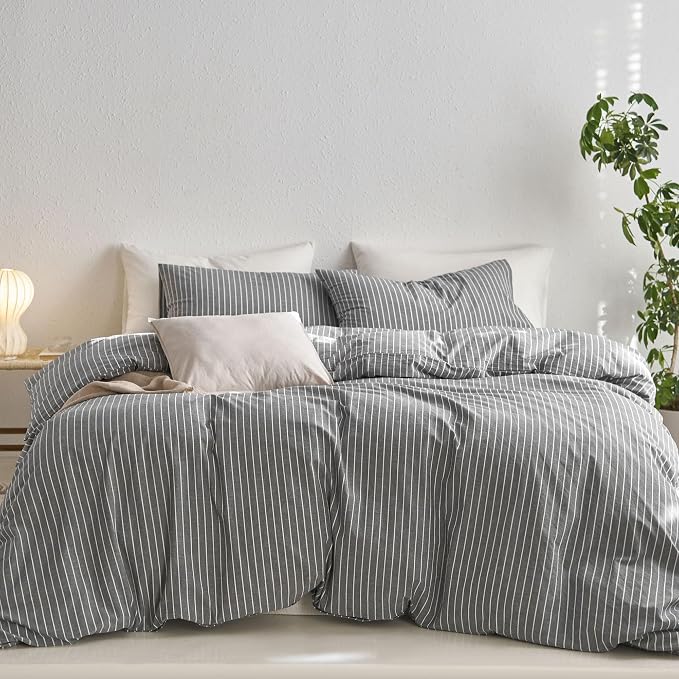 MooMee Striped Duvet Cover Set 100% Washed Cotton Linen Like Textured by MOOMEE