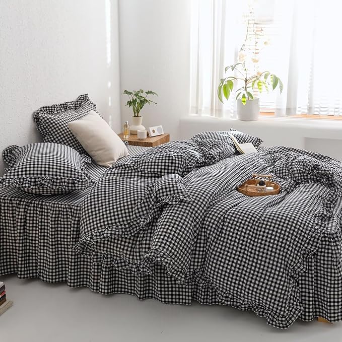 mixinni Black White Gingham Ruffle Duvet Cover Twin Size 3 Pieces – 100% Washed - Image 3