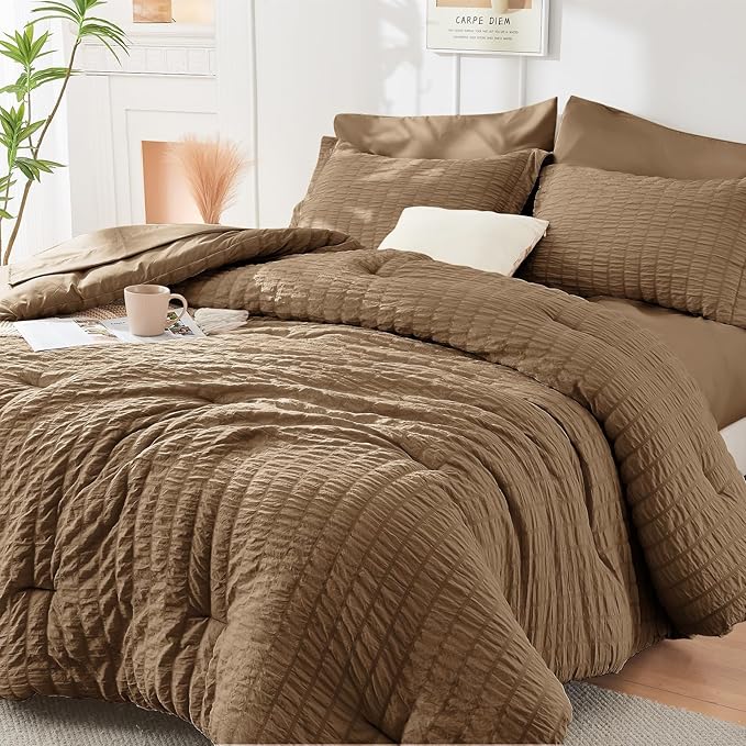 HYMOKEGE Brown King Size Comforter Set Seersucker 7 Pieces, All Season Luxury by HYMOKEGE
